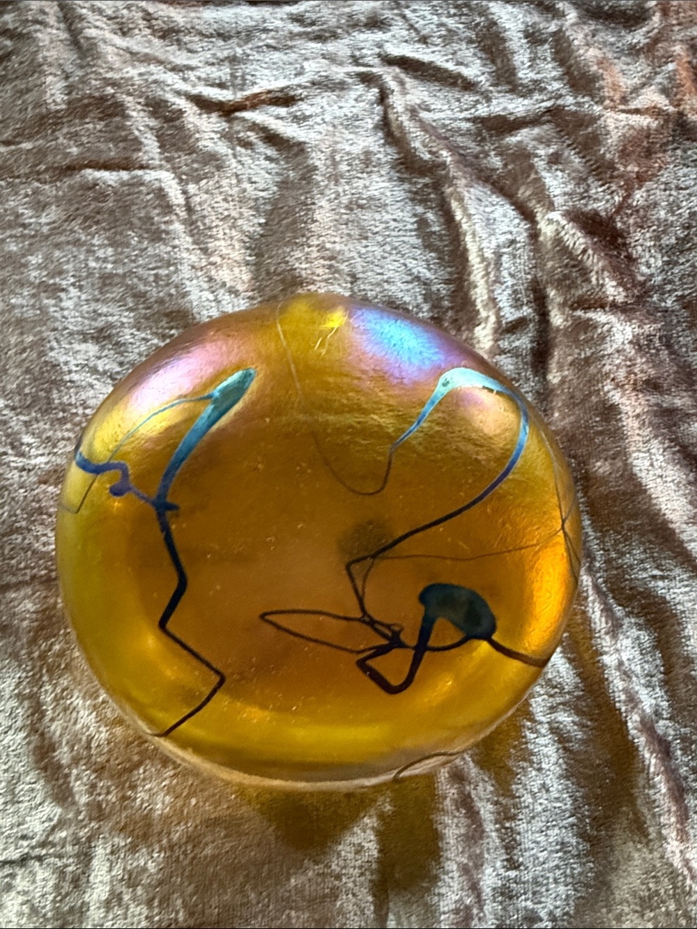 John Difchfield Handblown Tiffany style Amber Glass Art Bowl with Blue Accents